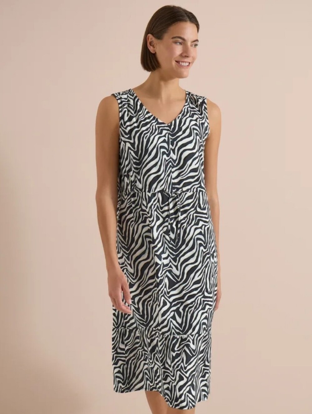 Zebra Print Sleeveless V-Neck Sheath Midi Dress - Black & White - Easy Care - L